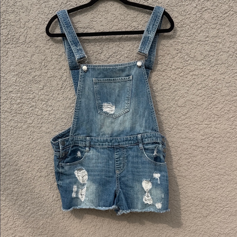 Distressed Denim Short Overalls - Light Blue